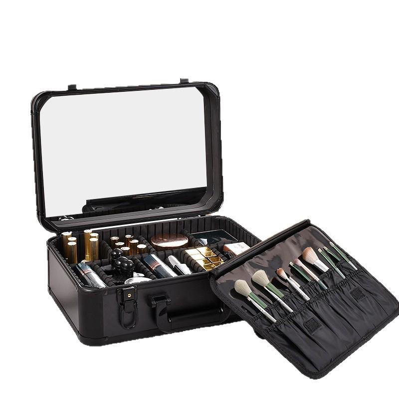 Portable Makeup Case with Mirror & Lights, Handheld Cosmetic Storage, Professional Makeup Artist's Hanging Suitcase.
