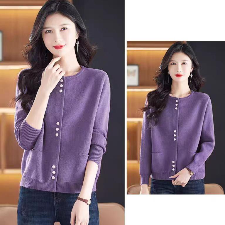 Round-neck Sweater Cardigan for Women Loose Long-sleeved Knitted Cardigan Coat Solid-color Short Knitted Coat