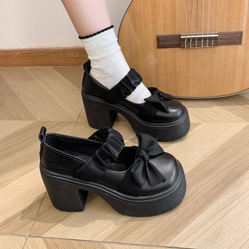 

Spice girl thick heel platform bow Mary Jane morning robe women s spring and autumn sweet girl height-increasing single shoes 40 чёрный