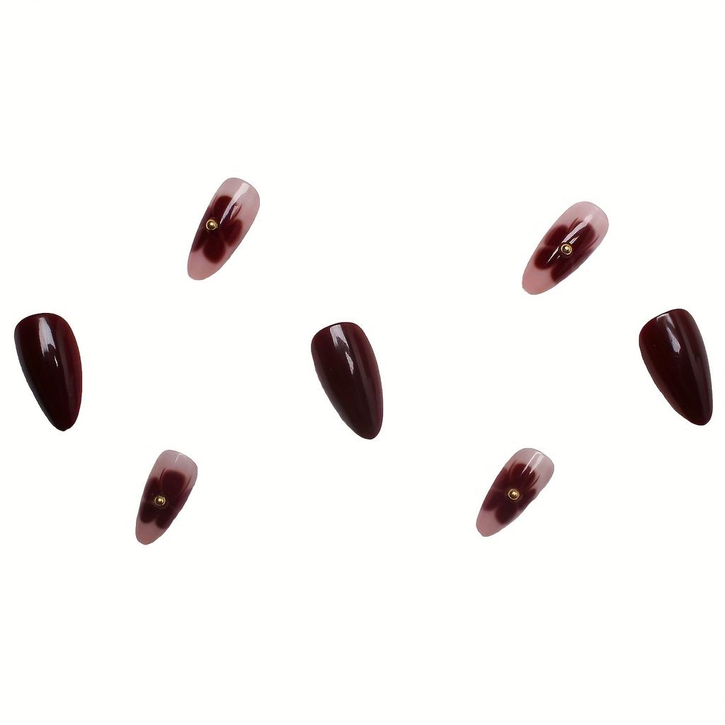 24PCS Short Almond Press On Nails, Burgundy Gold Bead Floral, Glossy Fake Nails for Daily Party Wear, with Tool Kit Gift