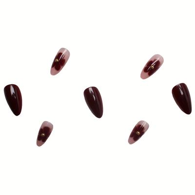 24 Stück Kurze Mandel-Press-On-Nägel, Bordeaux-Gold Perlenblumenmuster, Glänzende Falsche Nägel für den Täglichen Partygebrauch, mit Werkzeugset Geschenk