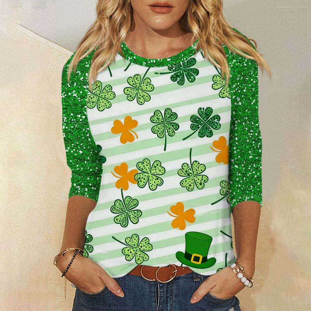 Frauen St. St. Patrick's Day Print Rundhals Dreiviertelarm Oberteil