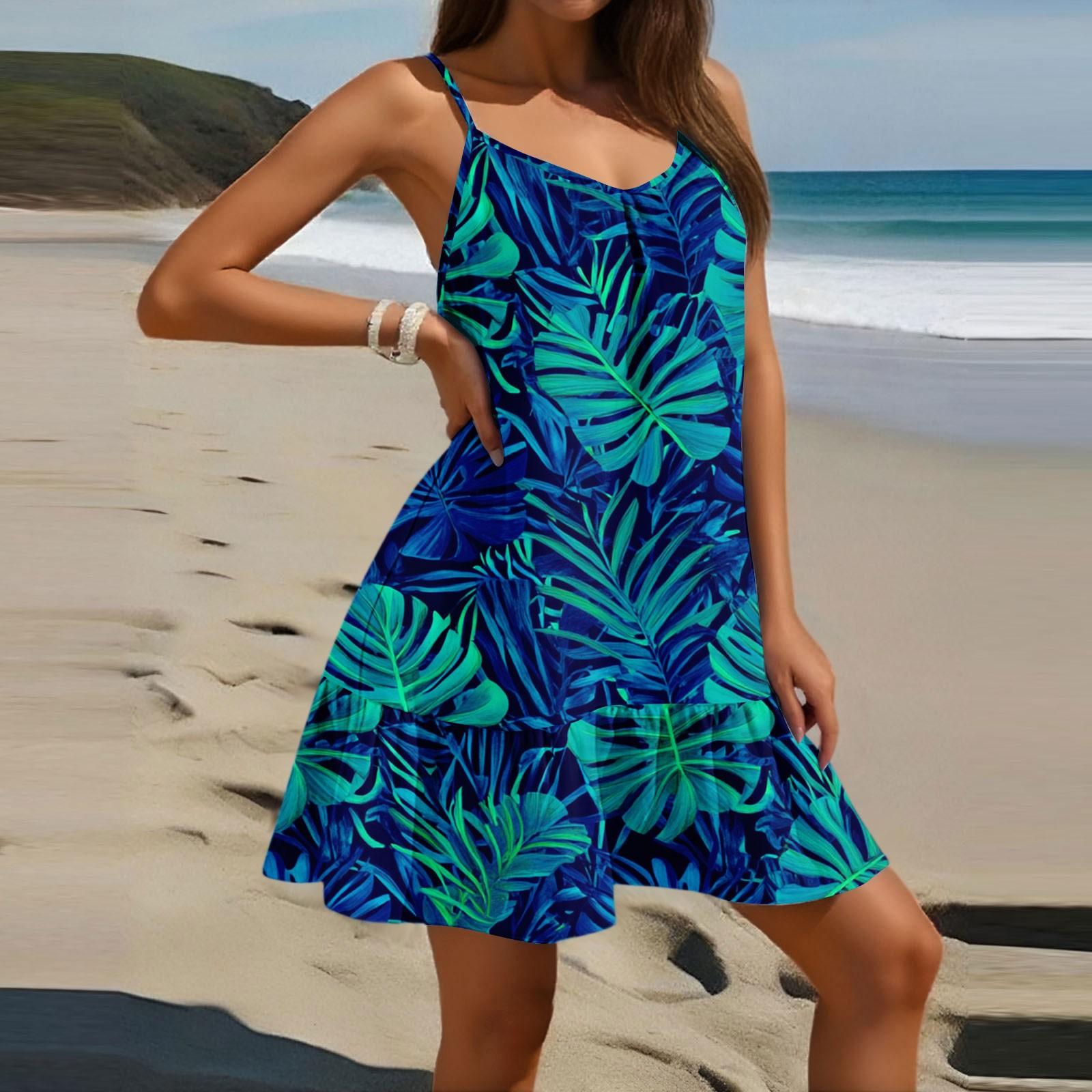 

Женское модное повседневное платье без рукавов с круглым вырезом и цветочным принтом для пляжа XL тёмно-синий