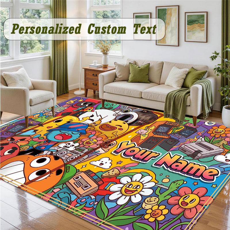 Crystal Velvet Square Rug Custom NameAmazing World of Gumball Pattern Non Slip Home Floor Decor Rug