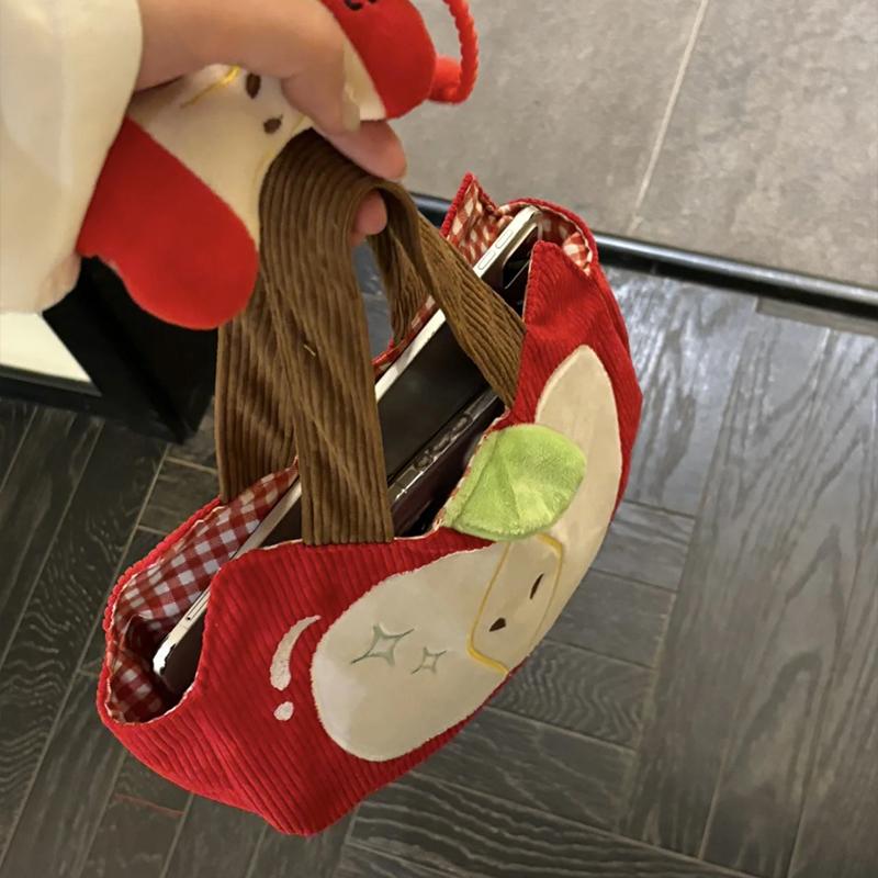 Red Apple Handbag Creative Cute Corduroy Shoulder Bag Stylish Outing Canvas Bag With Apple Pendant Casual Versatile Shoulder Bag