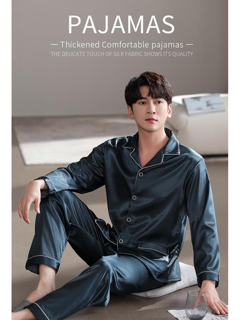 Men's Luxury Fleece-Lined Ice Silk Pajamas: Long Sleeve Satin Set for Fall/Winter, Wear Indoors or Outdoors