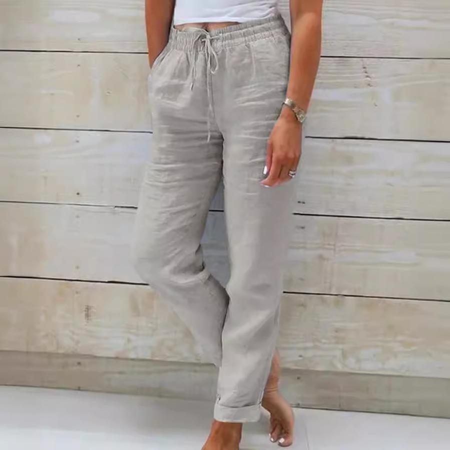 New Style Women's High Waist Elastic Waist Solid Cotton Linen Casual Pants