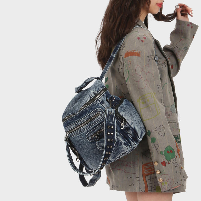 Vintage Denim Backpack Rivet Shoulder Bag Student Schoolbag Class Commuter Backpack