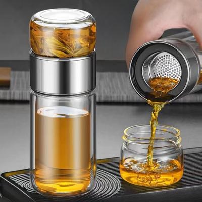 Double Wall Glass Teacup Borosilicate Glass Tea Water Bottle with Independent Tea Infuser Portable Water Mugs Drinkware