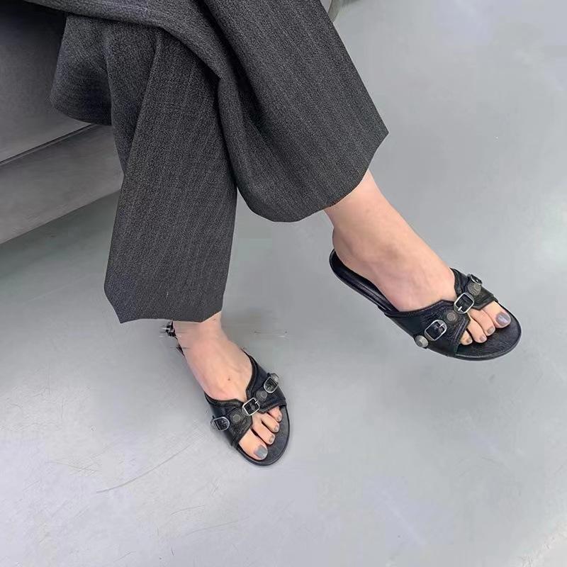OMG! Look Good! Retro Black Rivet Buckle High Heels Women's Casual Versatile Stiletto One-word Slippers