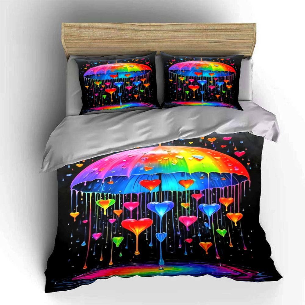 Colorful umbrella, dripping hearts. Bedding sets Duvet cover sets Duvet covers Pillowcases(1*Duvet Cover 2*Pillowcases without duvet insert)