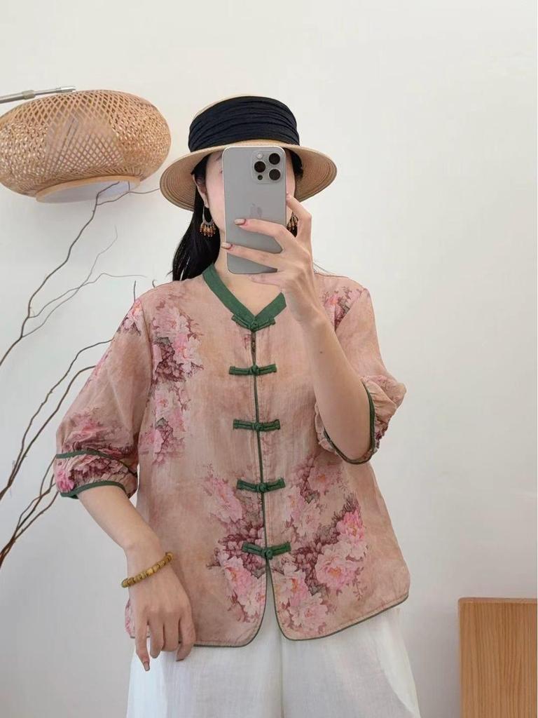 2026 Spring/Summer Women's Retro Ramie Printed Stand Collar 3/4 Sleeve Frog Button Cardigan Shirt