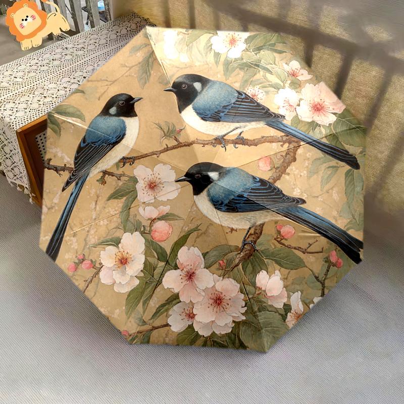 1 Stück Automatischer Faltregenschirm - Muster mit Vögeln auf Ästen, Tragbares & Faltbares Design mit 8 Speichen, Weihnachts-Geburtstagsgeschenke