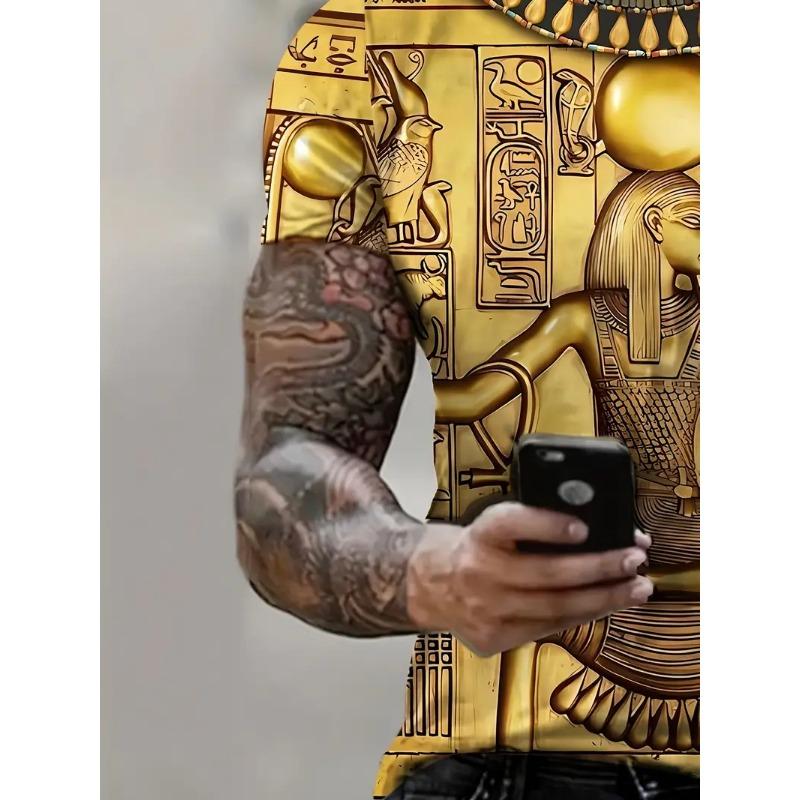 Large Men's Egyptian Pharaoh Mural Pattern 3D Printed Men's Round Neck Short Sleeved T-shirt Summer Fashion T-shirt Casual Comfortable Versatile Top