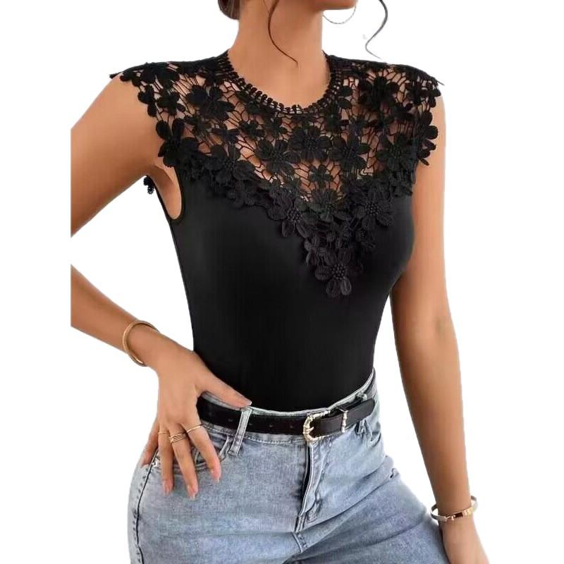 Women's Elegant Lace Patchwork Sleeveless T-shirt - Slim Fit, European & American Style Summer Top