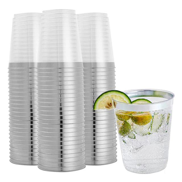 50/100 ks 10oz čiré plastové kelímky se zlatým okrajem, elegantní jednorázové plastové sklenice na víno pro svatby a večírky