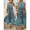 Robe d'été pour femme Nouvelle imprimée sans manches col en V Vacances à la plage Robe longue pour femme Mode Vintage col rond Décontractée ample Bohème pour femme Robes