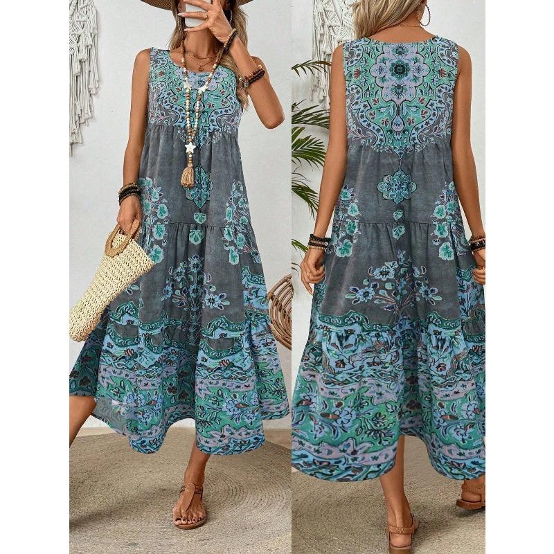 Robe d'été pour femme Nouvelle imprimée sans manches col en V Vacances à la plage Robe longue pour femme Mode Vintage col rond Décontractée ample Bohème pour femme Robes