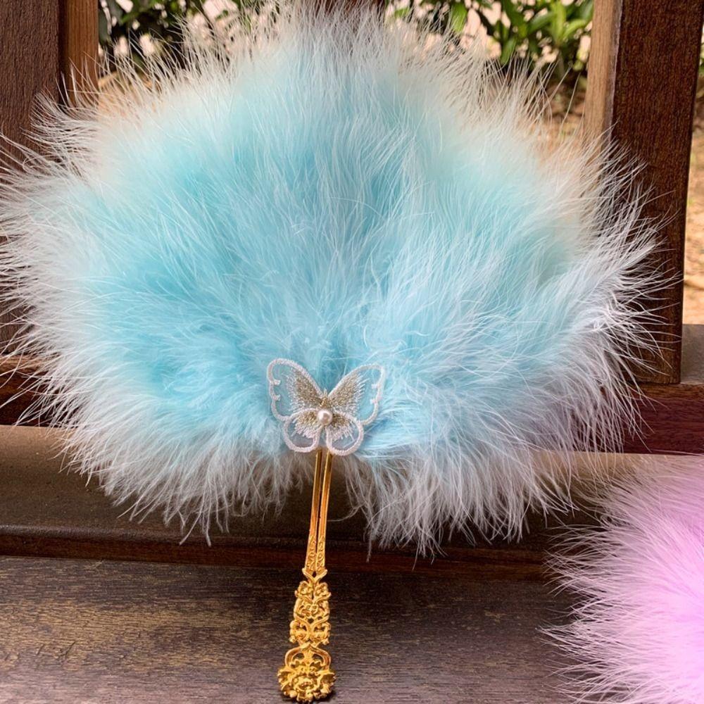 

Colorful Fairy Feather Fan Fluffy Dance Hand Fan Vintage Craft Fan style 1-Blue