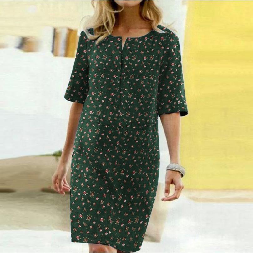 Floral Print Vintage Slit Round Neck Short Sleeve Dress