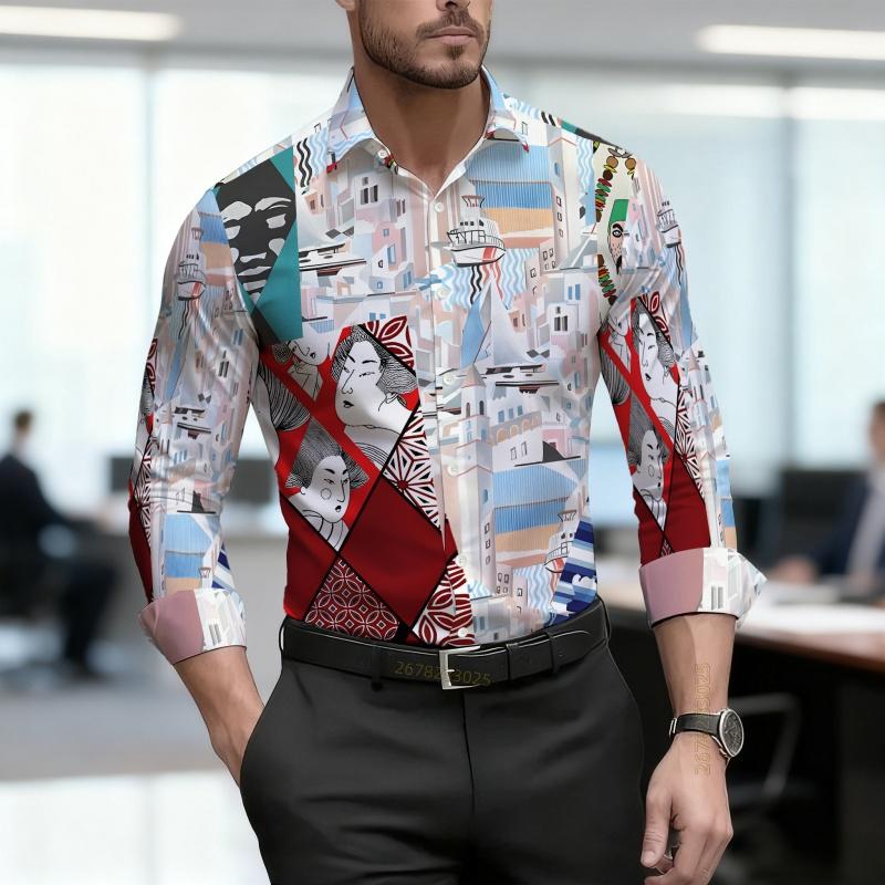 Men's shirt retro fashion printed shirt slim fit business commuting long sleeved shirt spring and autumn trendy casual men's top