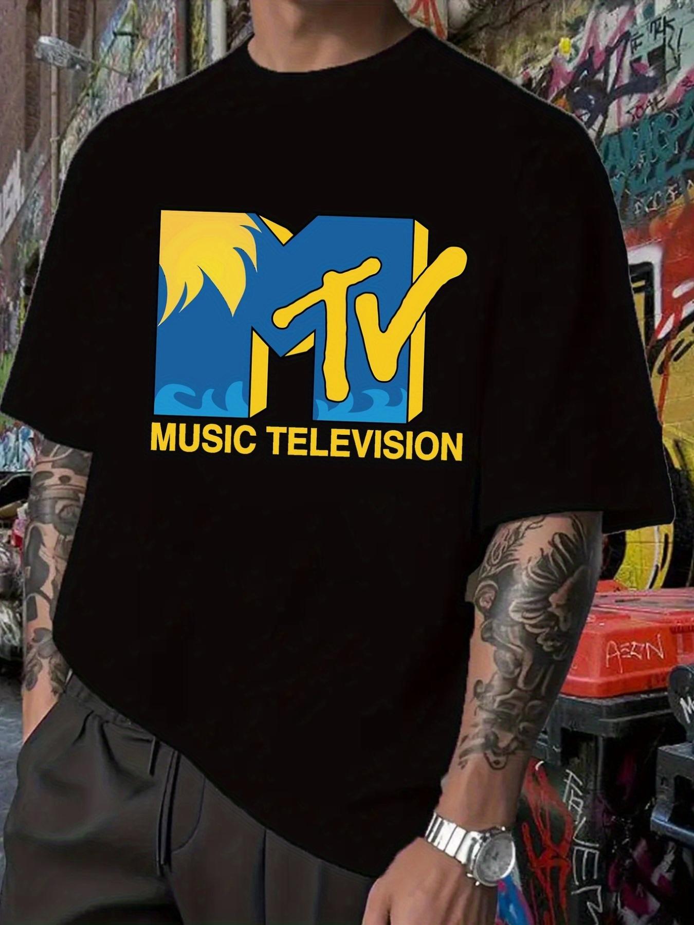 MTV Logo Graphic T-shirt - Black Band Tee with Yellow & Blue Print S
