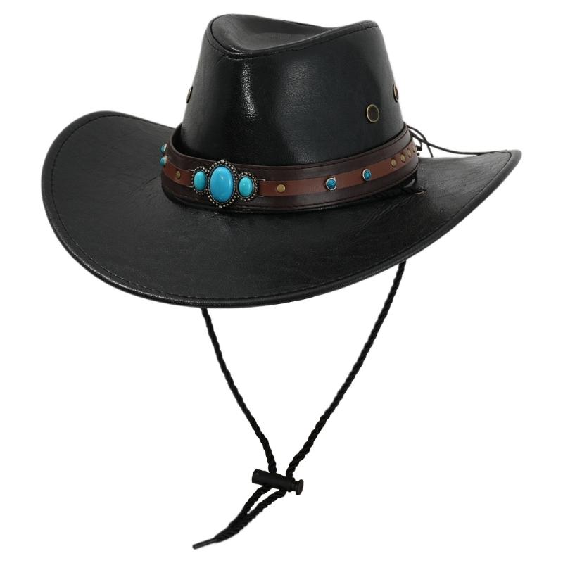 PU Leather Hat Unisex Western Hat Wide Border Hat Sun Protecting Hats Hiking for Western Themed Celebrations