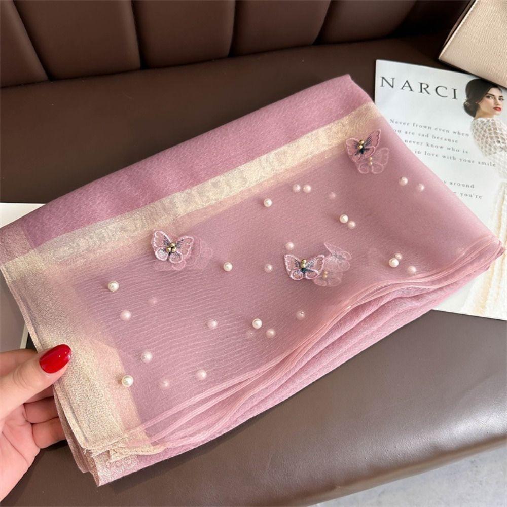 Large Butterfly Embroidery Scarf Pearl Women Hijab Shawls Fashion Silk Scarf  Female