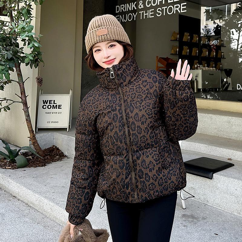 Damen Kurze Winterjacke mit Leopardenmuster und Stehkragen