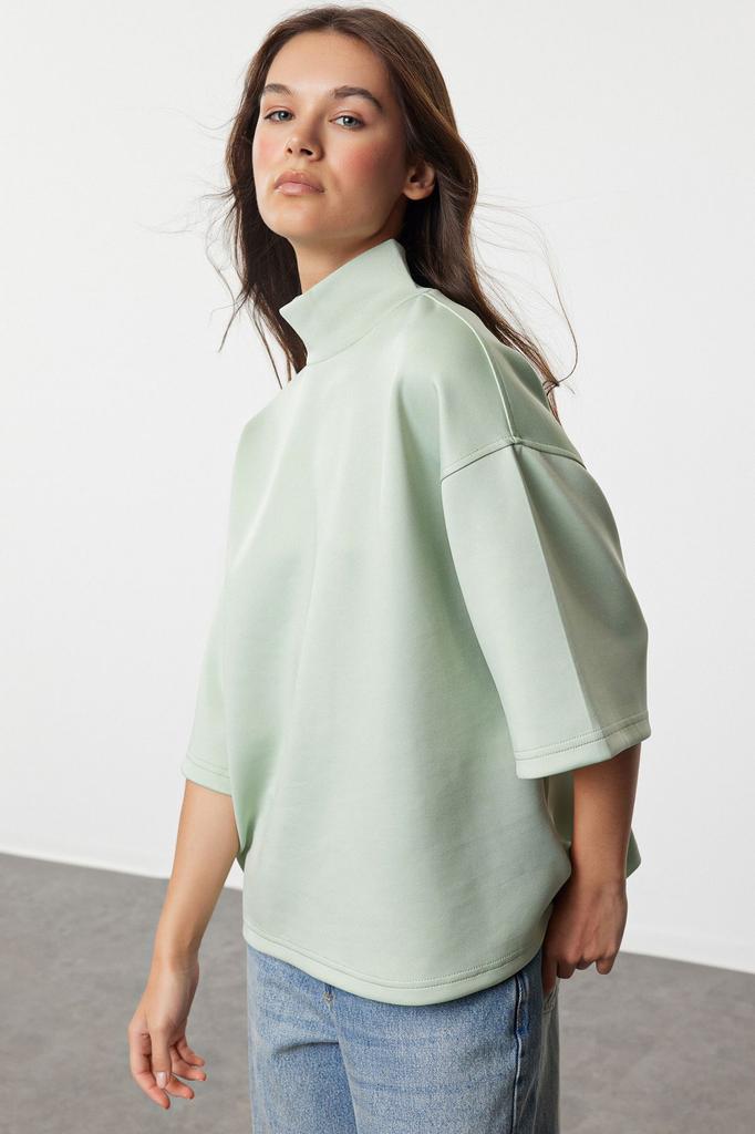 Women's Fashionable Stylish Sweatshirt Black Oversize Wide Fit Stand Collar Three Quarter Sleeve Knitted Sweatshirt