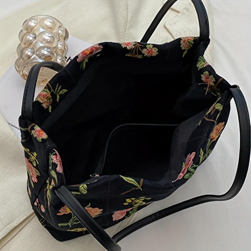 Timeless Embroidered Flower Shoulder Bag - Fashionable Bucket Style for Women - Stylish Aesthetic Tote with Handcrafted Embroidery