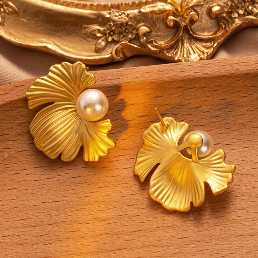 Elegant Pearl Ear Studs Textured Flower Earrings Jewelry Fashion Ginkgo Leaf Earrings  Party