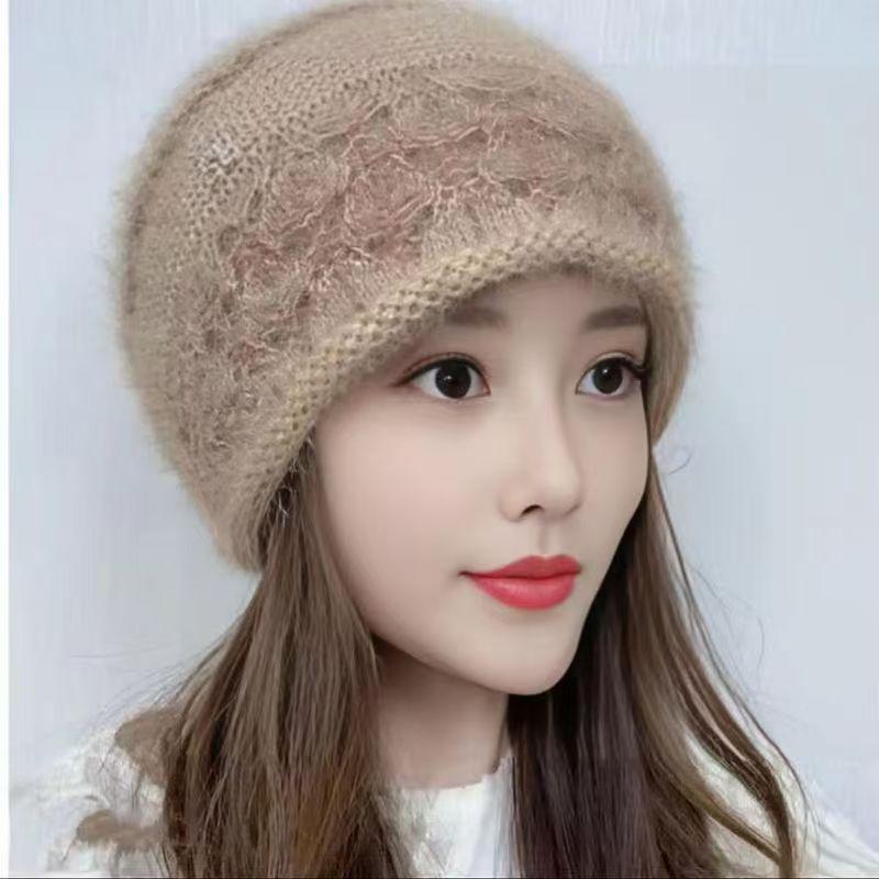 WTEMPO Retro Vintage Solid Winter New Double-layer Knitted Hollow Flower Squirrel Velvet Warm Small Crimping Stack Ear Protector Bag Head Women's Hat