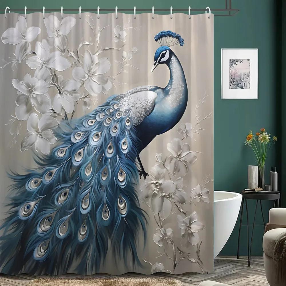 Beautiful Peacock Shower Curtain Blooming Flower Botanical Watercolour Artistic Creation Polyester Shower Curtain Bathroom Dec