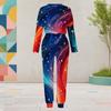 Women Plus Size Two Piece Set Round Neck Long Sleeve Galaxy Printed Cuffed Top And Pants With Pockets