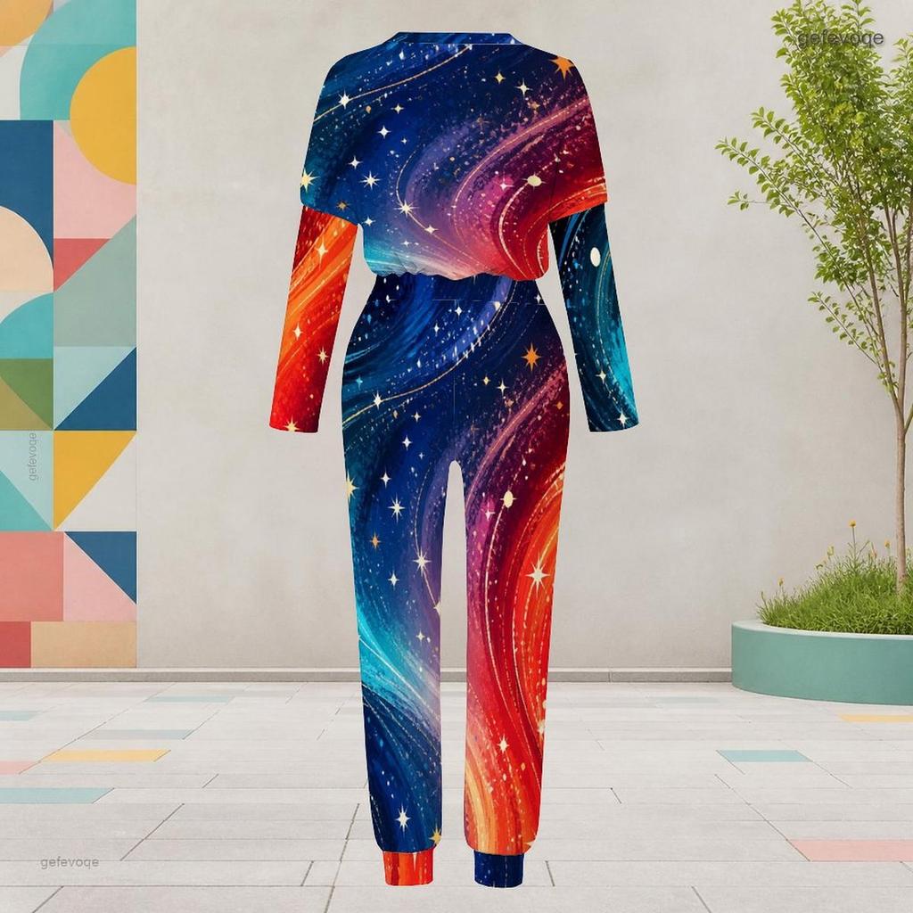 Women Plus Size Two Piece Set Round Neck Long Sleeve Galaxy Printed Cuffed Top And Pants With Pockets