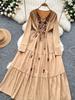 Women Spring Autumn Dress Retro Embroidered V-neck Strap Waist French Elegant Long Sleeve Grand Swing Long Dress