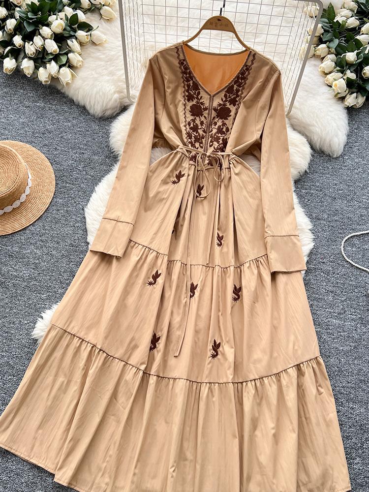 Women Spring Autumn Dress Retro Embroidered V-neck Strap Waist French Elegant Long Sleeve Grand Swing Long Dress