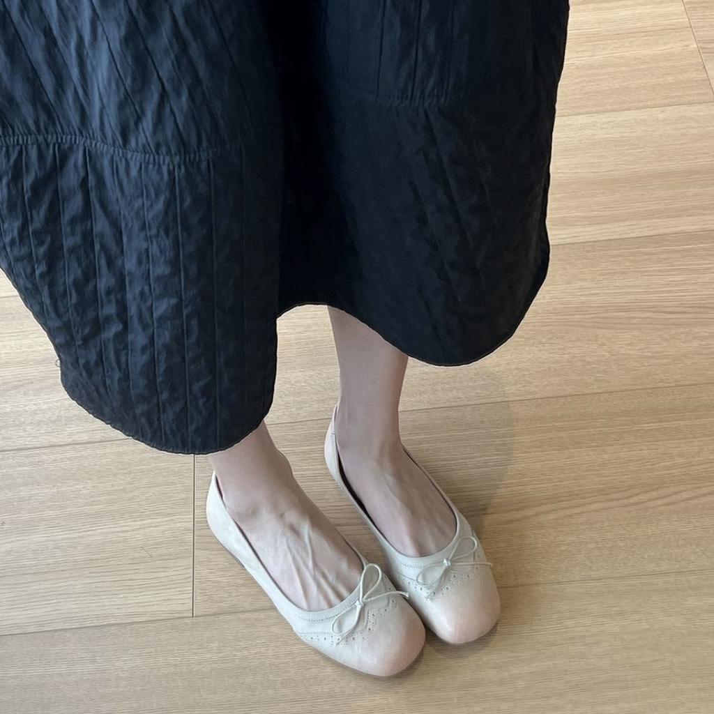 Cowhide Version~ Flat-bottomed Brock Engraved Bow Single Shoes Spring and Autumn Leather Round Head Mary Jane Shoes