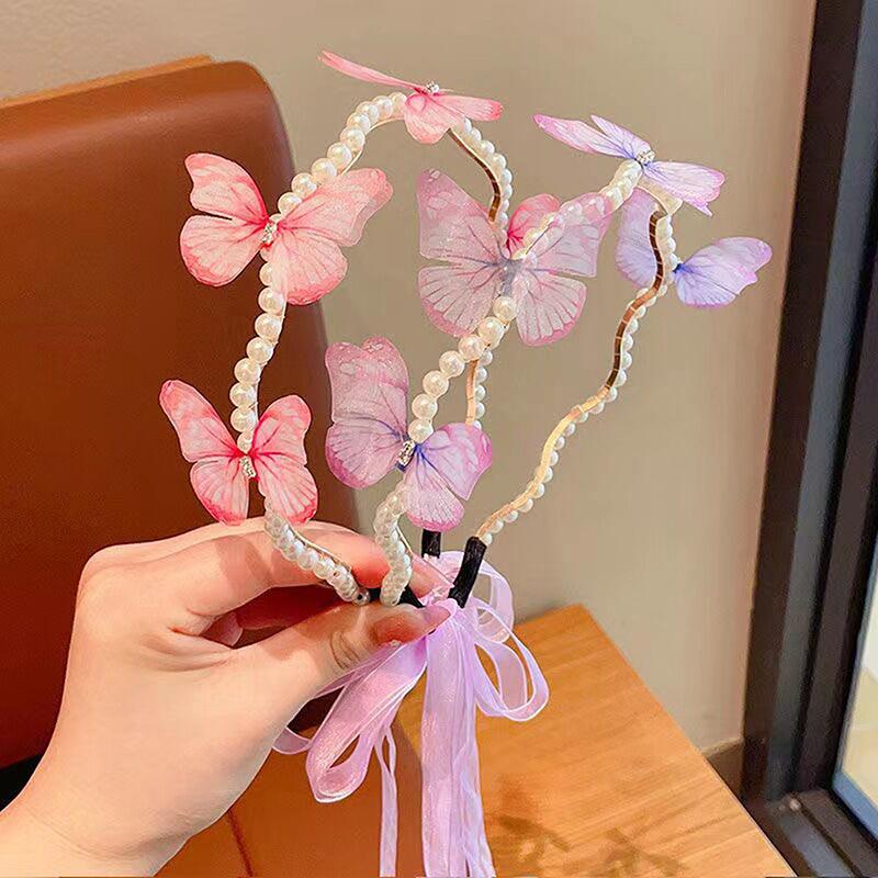 Butterfly Headband Children Streamer Hair Hoop Baby Cute Princess Female Cute Pearl Hairband Finishing Hairpin Hair Accessorie