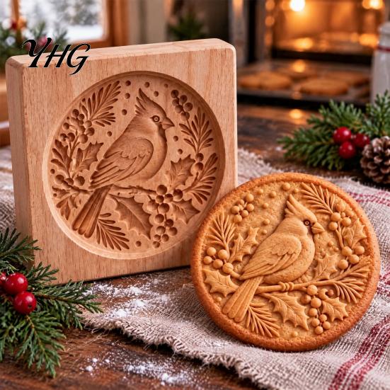 Christmas Baking Supplies Woodland Animal Cookie Mold, Wooden Biscuit Stamps, Scene 3D Red Durable Wood Kitchenware Bird Elk Dachshund Cutter