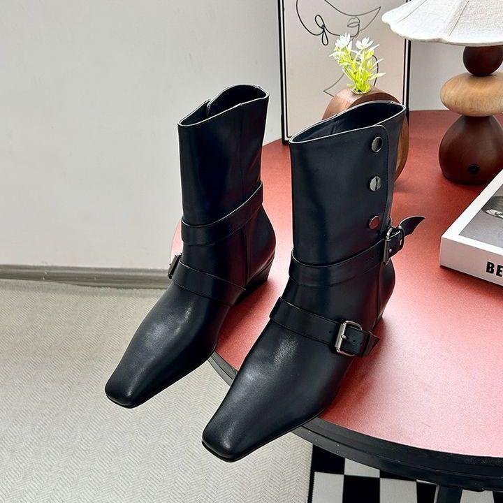

2025 новый праздничный стиль нишевый темперамент толстый каблук пряжка ремня короткая голень супер ботинки Мартина осень и зима рукав короткие ботинки 42