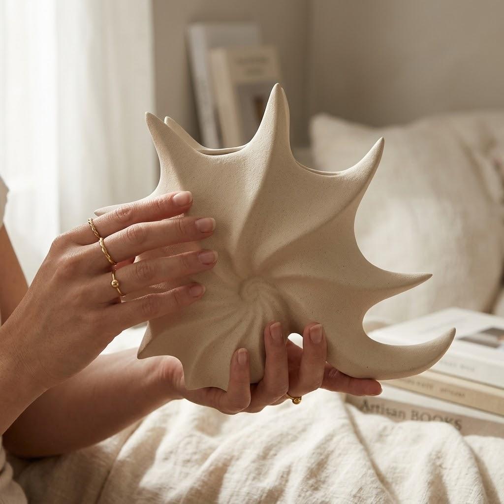 Vaso Moderno in Ceramica a Spirale – Scultura Geometrica da Tavolo per Arredamento Casa, Minimalista Wabi-Sabi per Composizioni di Fiori Secchi, Beige Neutro (26x9x21 cm)