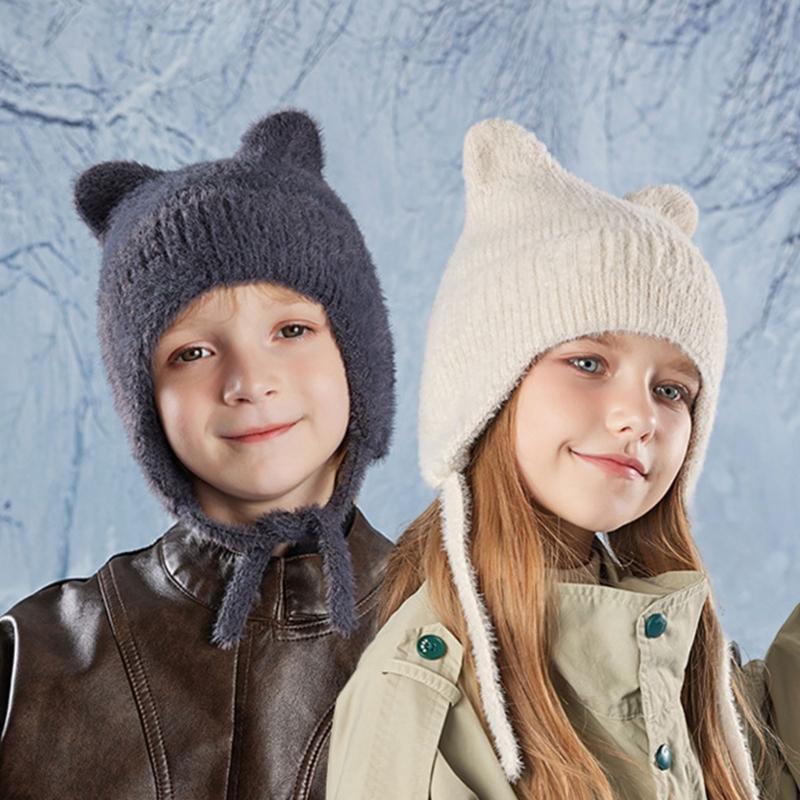 Thickened Knitted Cap Winter Hat For Kids With Thermal Ear Protection Cold Weather Windproof Design Polyester