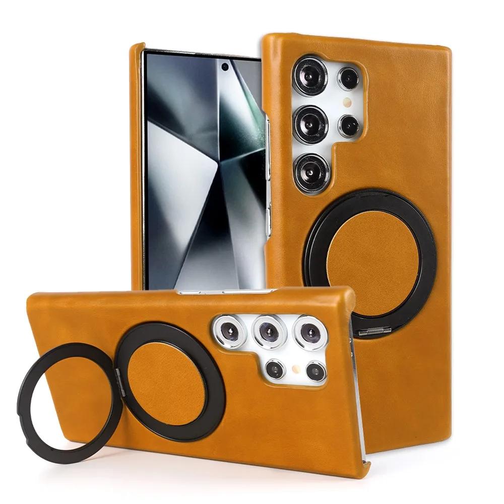 Luxury Genuine Leather Case For Samsung Galaxy S24 Ultra S23 S22 S21FE S20 Note20 S23FE Magnetic Ring Stand Bracket Phone Cases