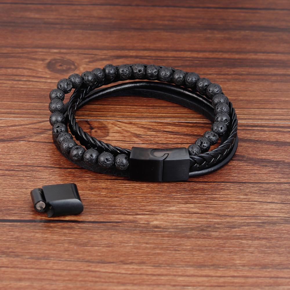 Punk Men Braid Bracelet Multilayer Leather Natural Stone Beaded Bangle Stainless Steel Magnetic Clasp Male Jewelry