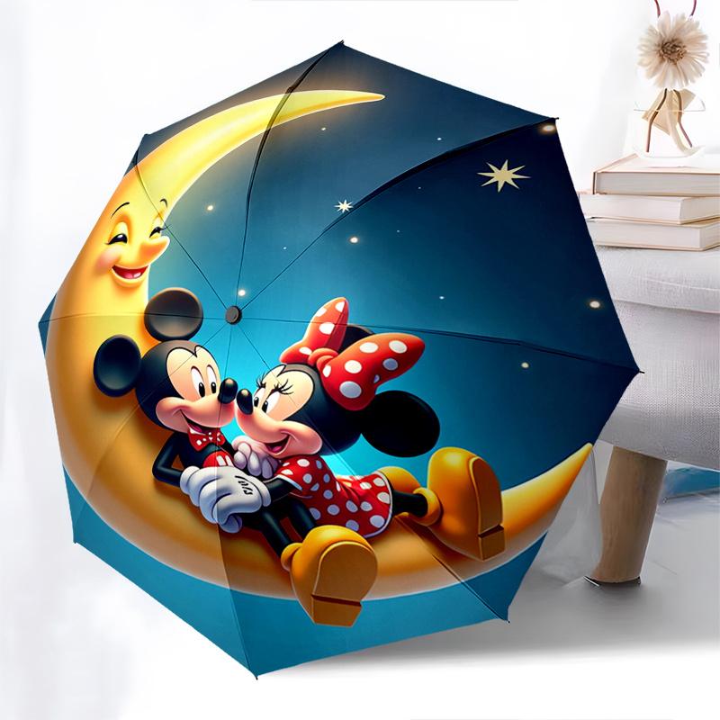 Automatický otevírací a zavírací deštník Mickey a Minnie, Kompaktní cestovní deštník, Lehký a přenosný, Vhodný na pláž, dojíždění, do práce