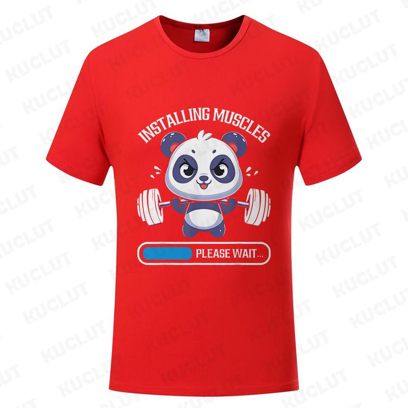 Funny Panda Gym Print T-Shirt Summer Tees for Men Women O-neck Casual Short Sleeve Weightlifting Installing Muscles Fashion Tops