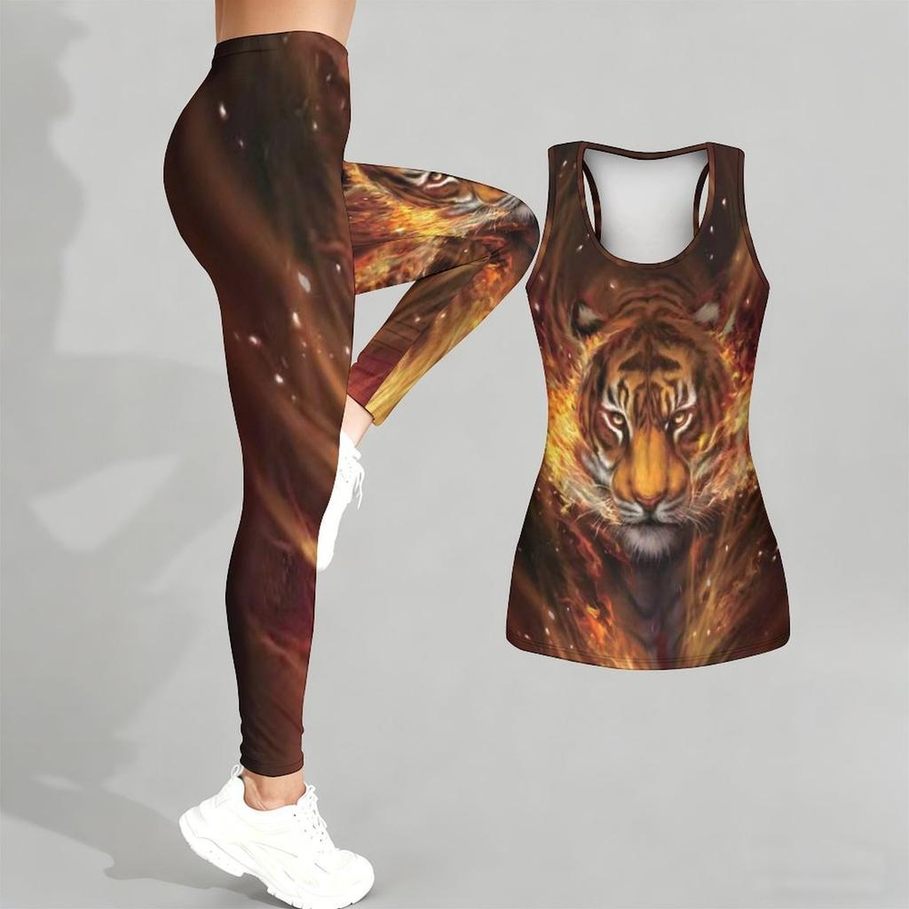 Fierce Tiger Printed Yoga Outfit for Women Fashion Workout Leggings Fitness Sports Casual Yoga Set Sports Suit