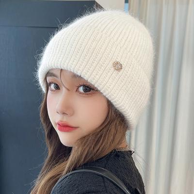 High End Versatile Casual Solid Color Rabbit Fur Hat with Plush Children's Rolled Edge Diamond Logo Ear Protection Knitted Hat